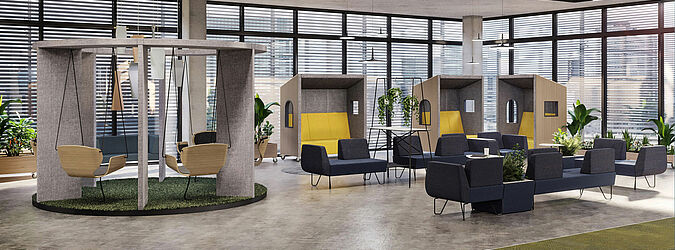 Moderne und offene Bürofläche mit verschiendenen Sitzmöglichkeiten (Schaukeln, Sessel, Boxen)